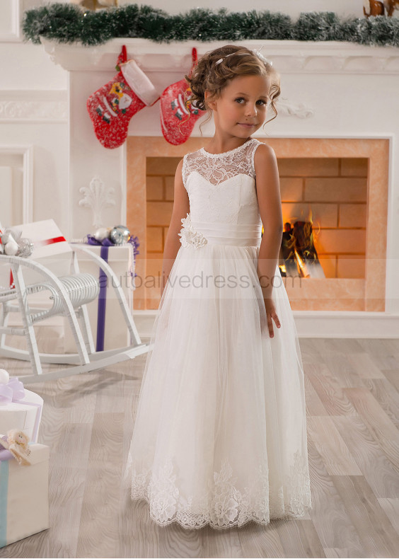 Beaded Ivory Lace Tulle Flower Girl Dress Communion Dress